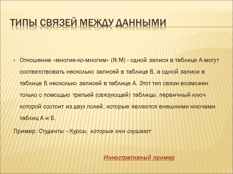 Типы связей между данными Отношение «многие-ко-многим» (N:M) - одной записи в таблице A могут